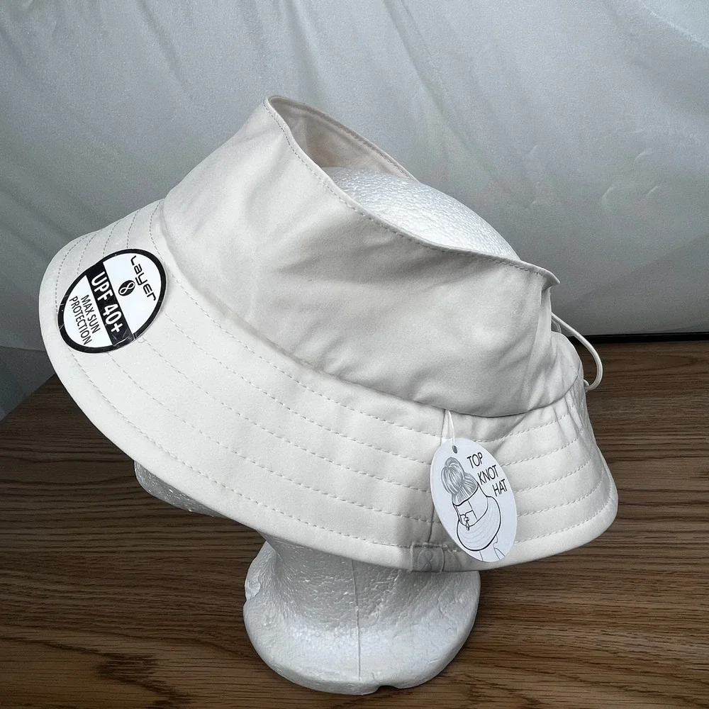 Layer 8 Women Top Knot Bucket Hat Cream UPF 40 One Size Adjustable Sun Hat